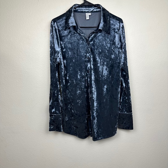 & Other Stories Tops - & Other Stories Sz Large Crushed Velvet Velour Button Up Shirt Top Slate Blue